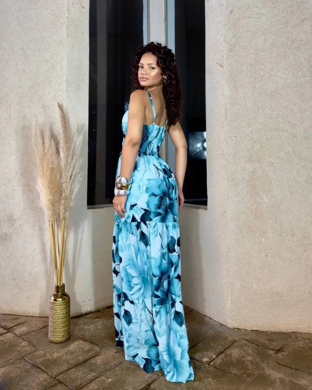 Women's Aurora Long Dress with Leaf Print - Blue