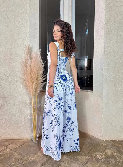 Women's Jumpsuit with Blue Leaves