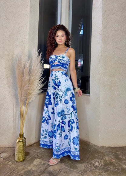 Women's Isis Set: Cropped Top and Long Skirt with Blue Prints