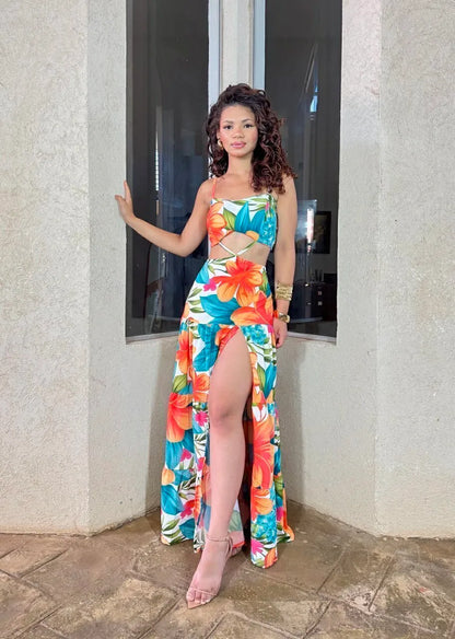 Women's Dress with Orange and Blue Leaf Print - Serena Long