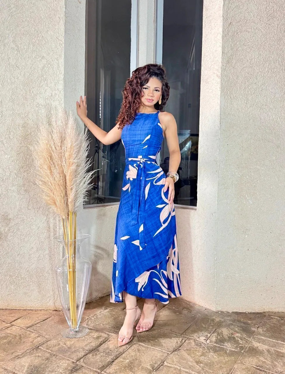 Women's Set: Blue Print Wrap-style Cropped Top and Long Dress