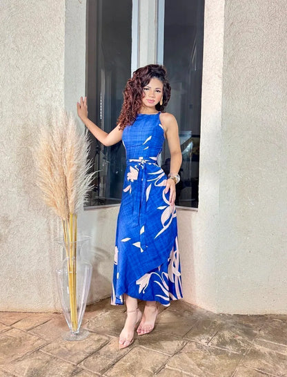 Women's Set: Blue Print Wrap-style Cropped Top and Long Dress
