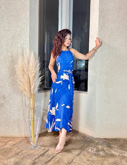 Women's Set: Blue Print Wrap-style Cropped Top and Long Dress