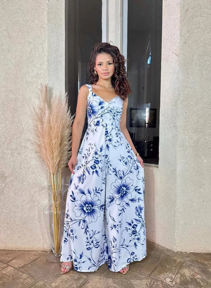 Women's Jumpsuit with Blue Leaves