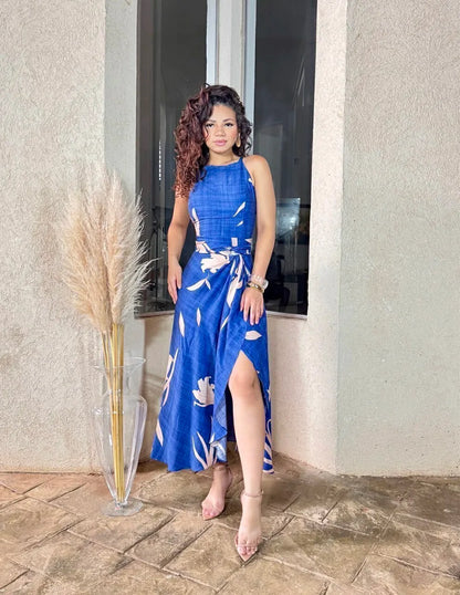 Women's Set: Blue Print Wrap-style Cropped Top and Long Dress