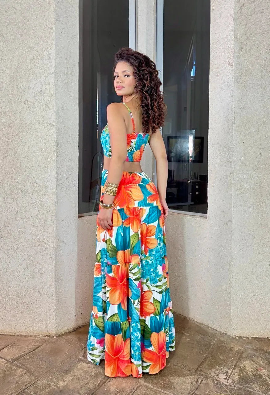 Women's Dress with Orange and Blue Leaf Print - Serena Long