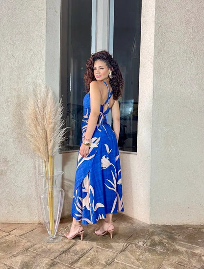Women's Set: Blue Print Wrap-style Cropped Top and Long Dress