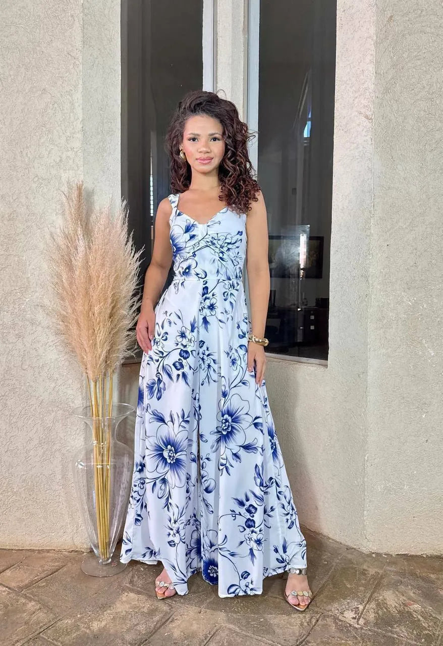 Women's Jumpsuit with Blue Leaves