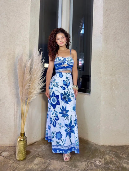 Women's Isis Set: Cropped Top and Long Skirt with Blue Prints